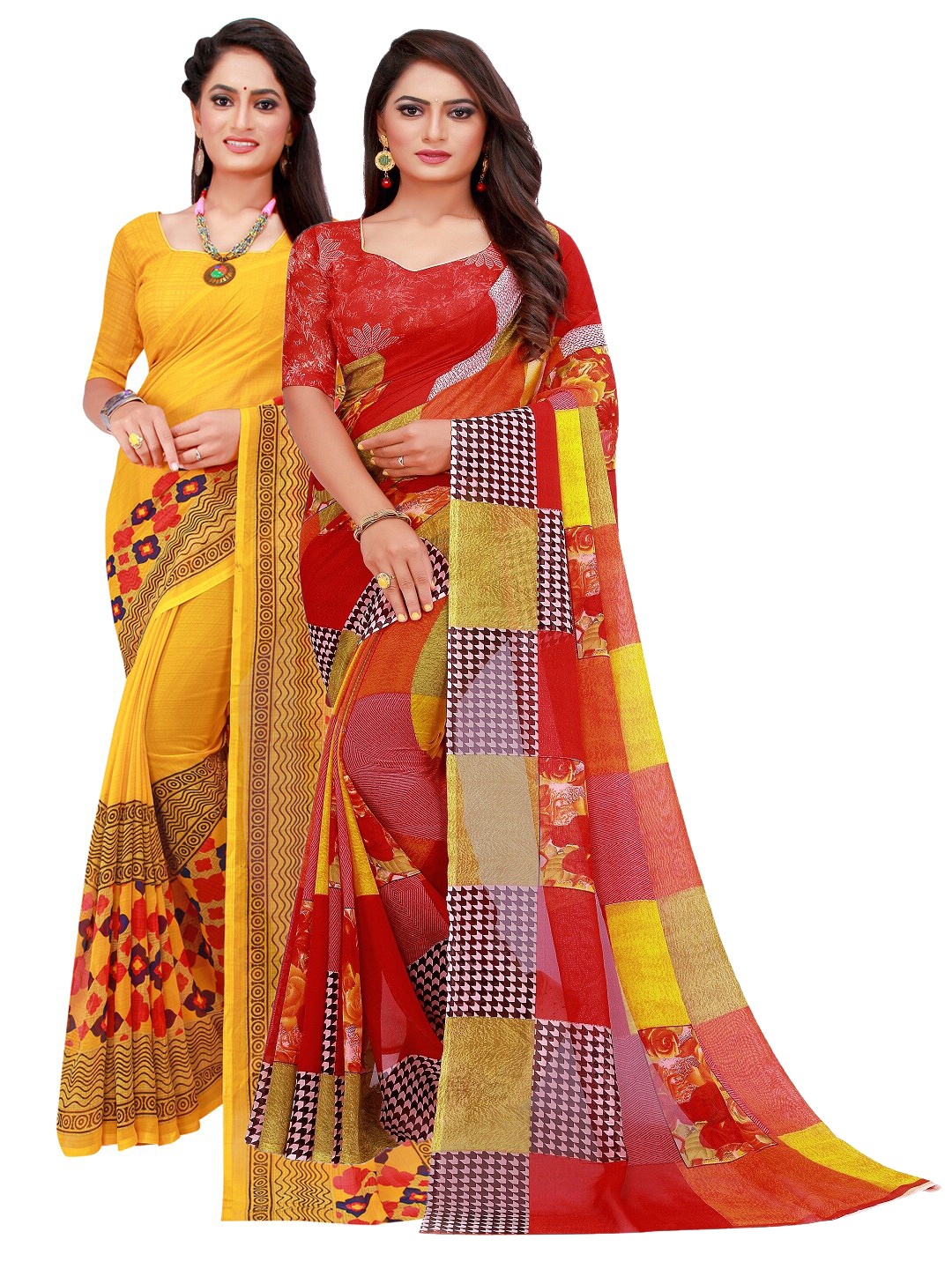 

Silk Bazar Pack Of 2 Red & Yellow Pure Georgette Saree