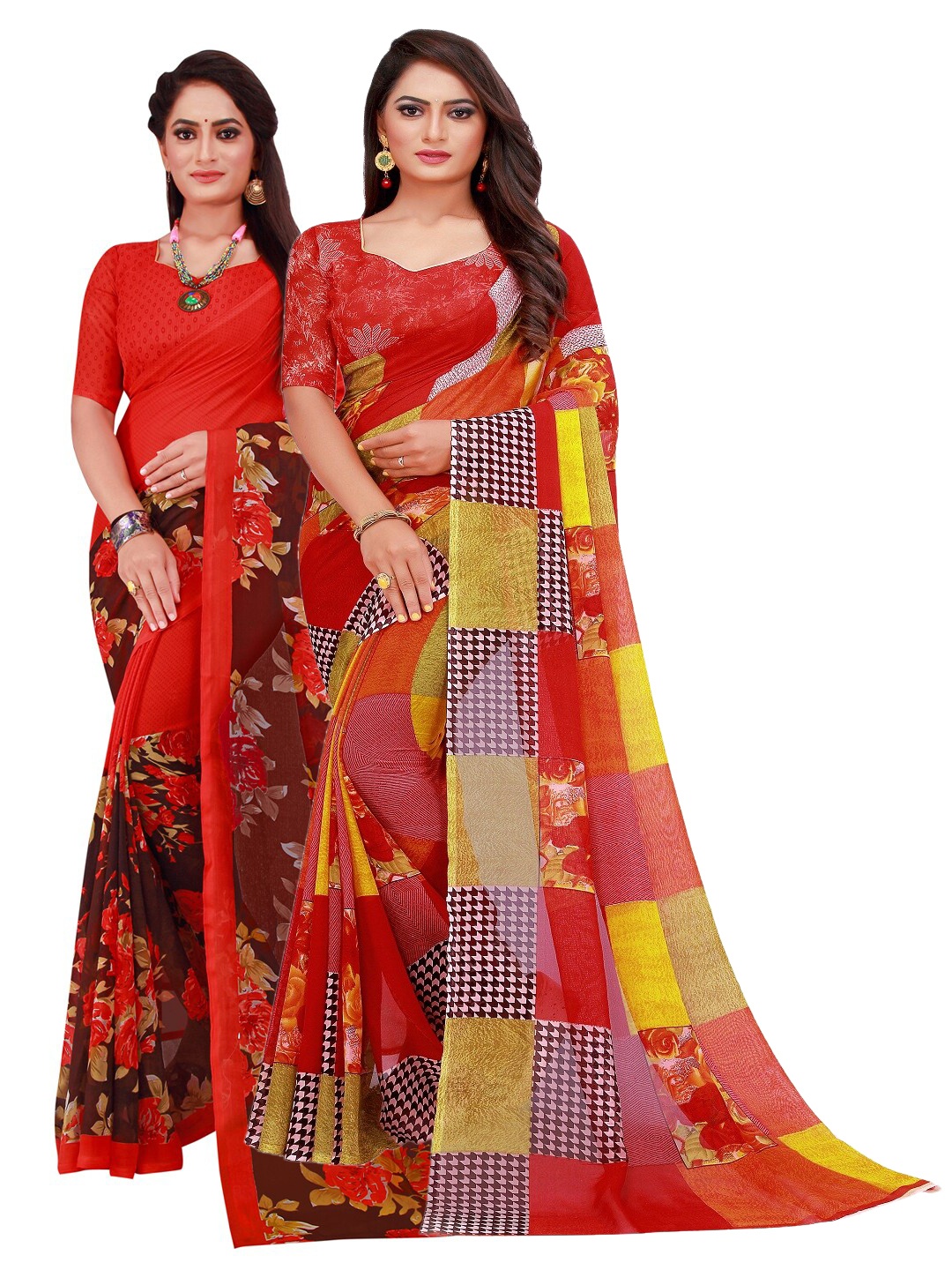 

Silk Bazar Pack Of 2 Yellow & Red Pure Georgette Saree