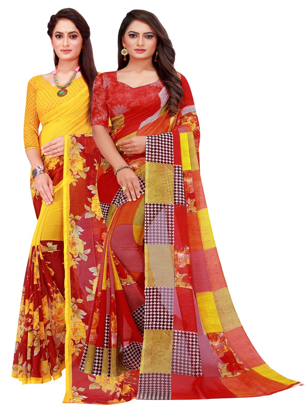 

Silk Bazar Pack Of 2 Red & Yellow Pure Georgette Saree