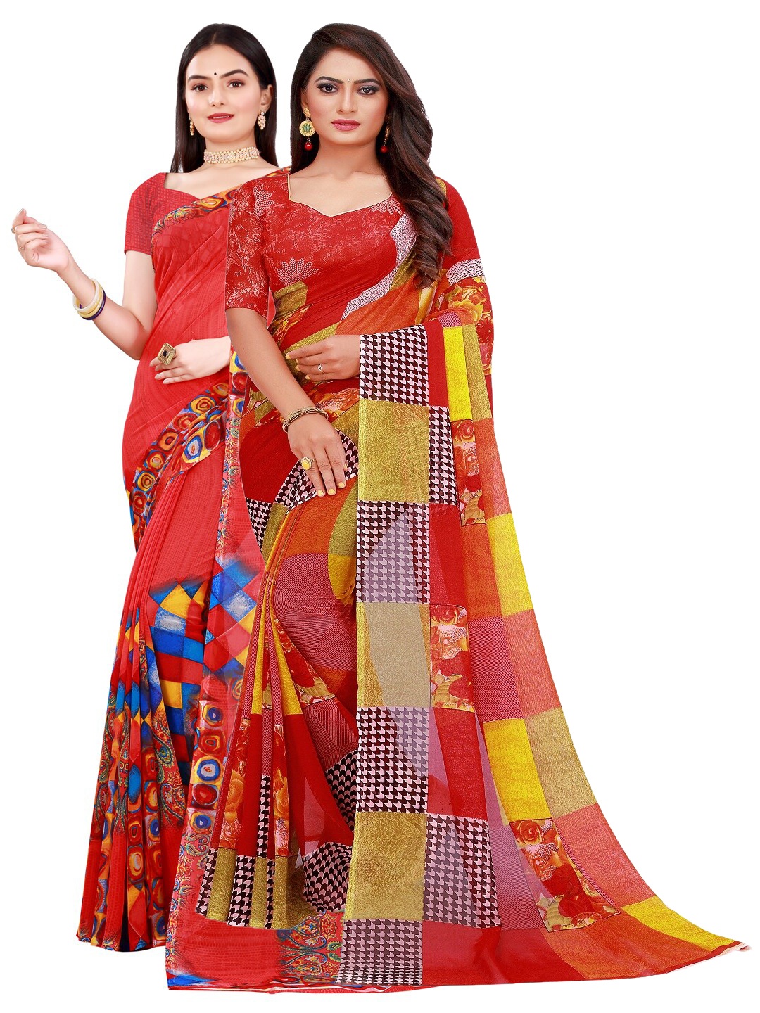 

Silk Bazar Pack Of 2 Red & Blue Pure Georgette Saree