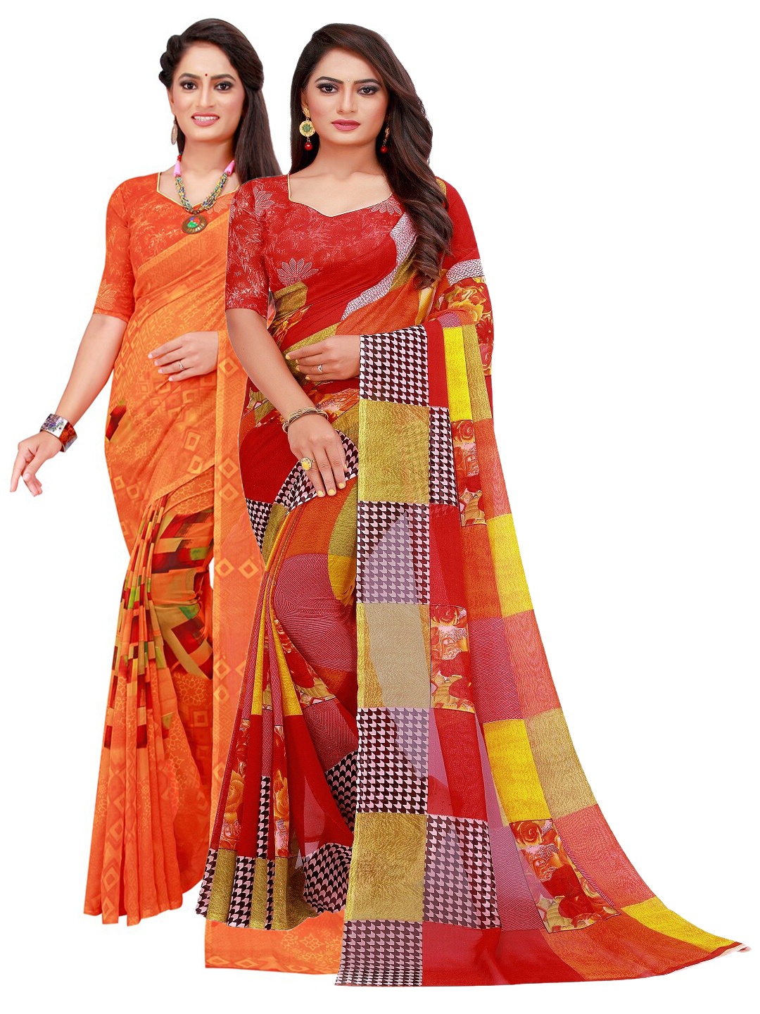 

Silk Bazar Pack Of 2 Orange & Red Pure Georgette Saree