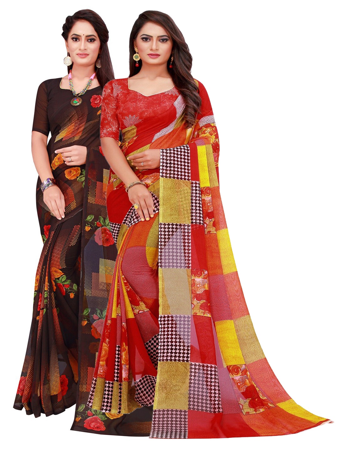 Silk Bazar Pack Of 2 Red & Black Pure Georgette Saree