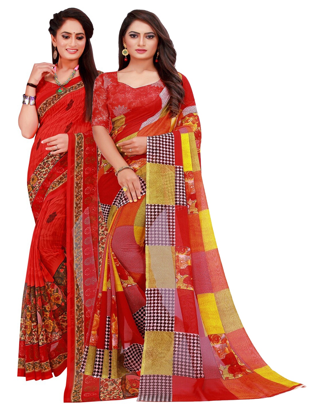 

Silk Bazar Pack Of 2 Red & Yellow Pure Georgette Saree