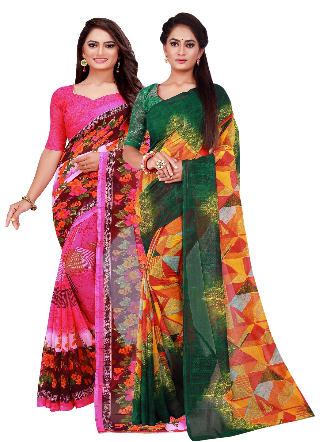 

Silk Bazar Pack of 2 Red & Green Floral Printed Pure Georgette Saree