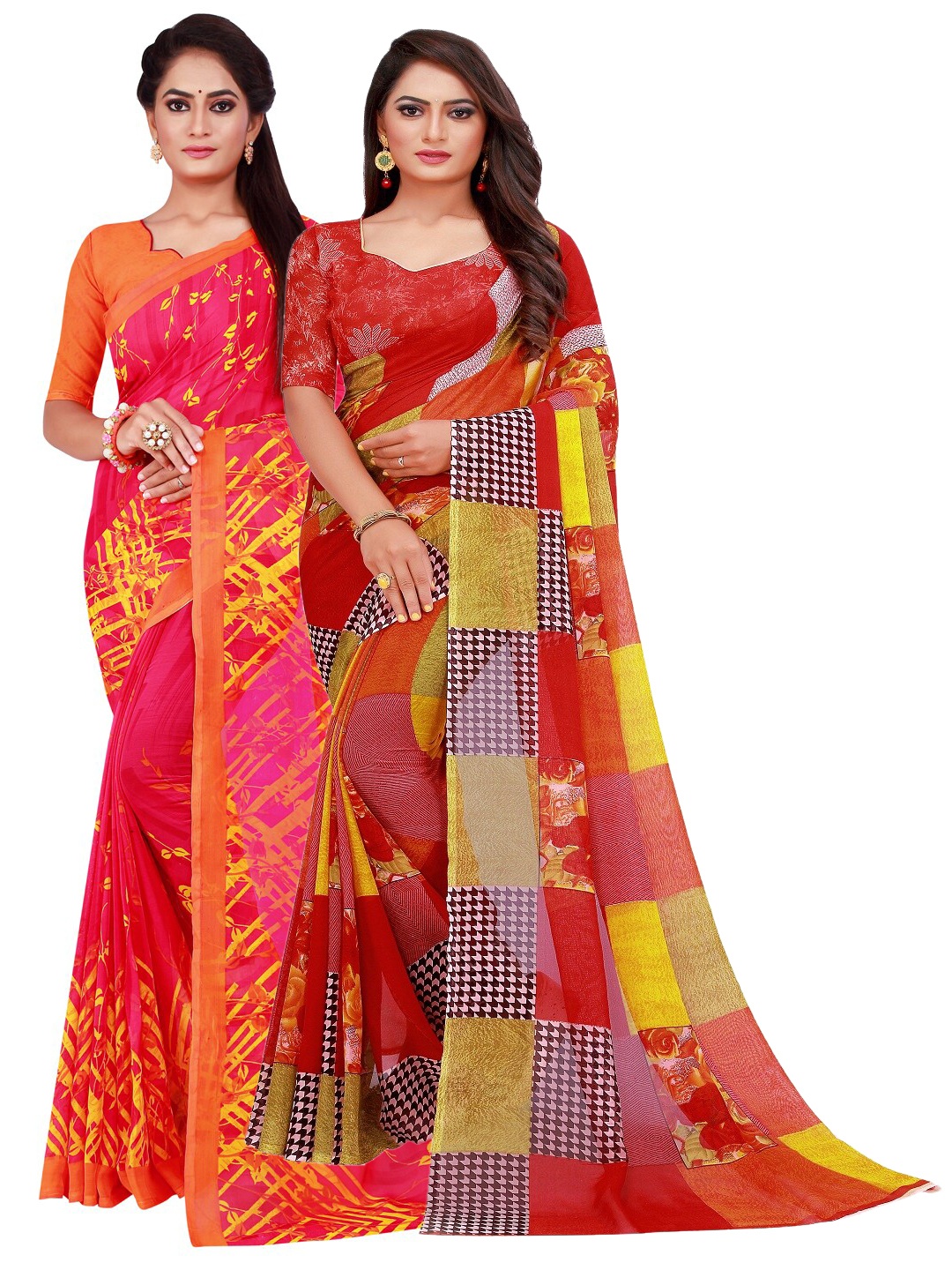 Silk Bazar Pack of 2 Red & Yellow Floral Printed Pure Georgette Saree