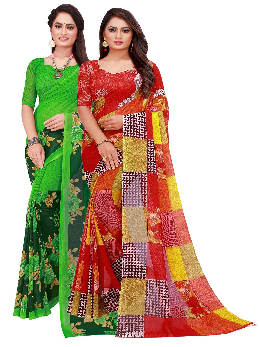 

Silk Bazar Pack of 2 Red & Green Floral Printed Pure Georgette Saree