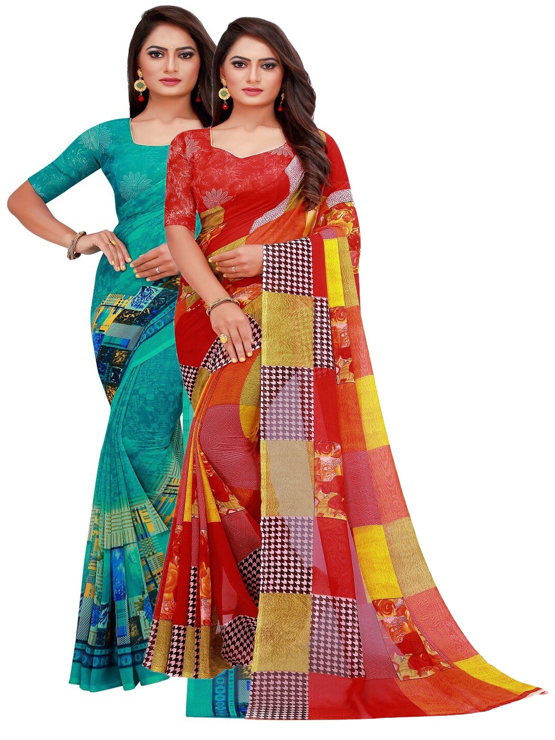 

Silk Bazar Pack of 2 Teal & Red Printed Pure Georgette Saree