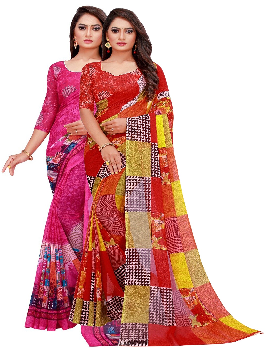 

Silk Bazar Pack of 2 Red & Magenta Printed Pure Georgette Saree