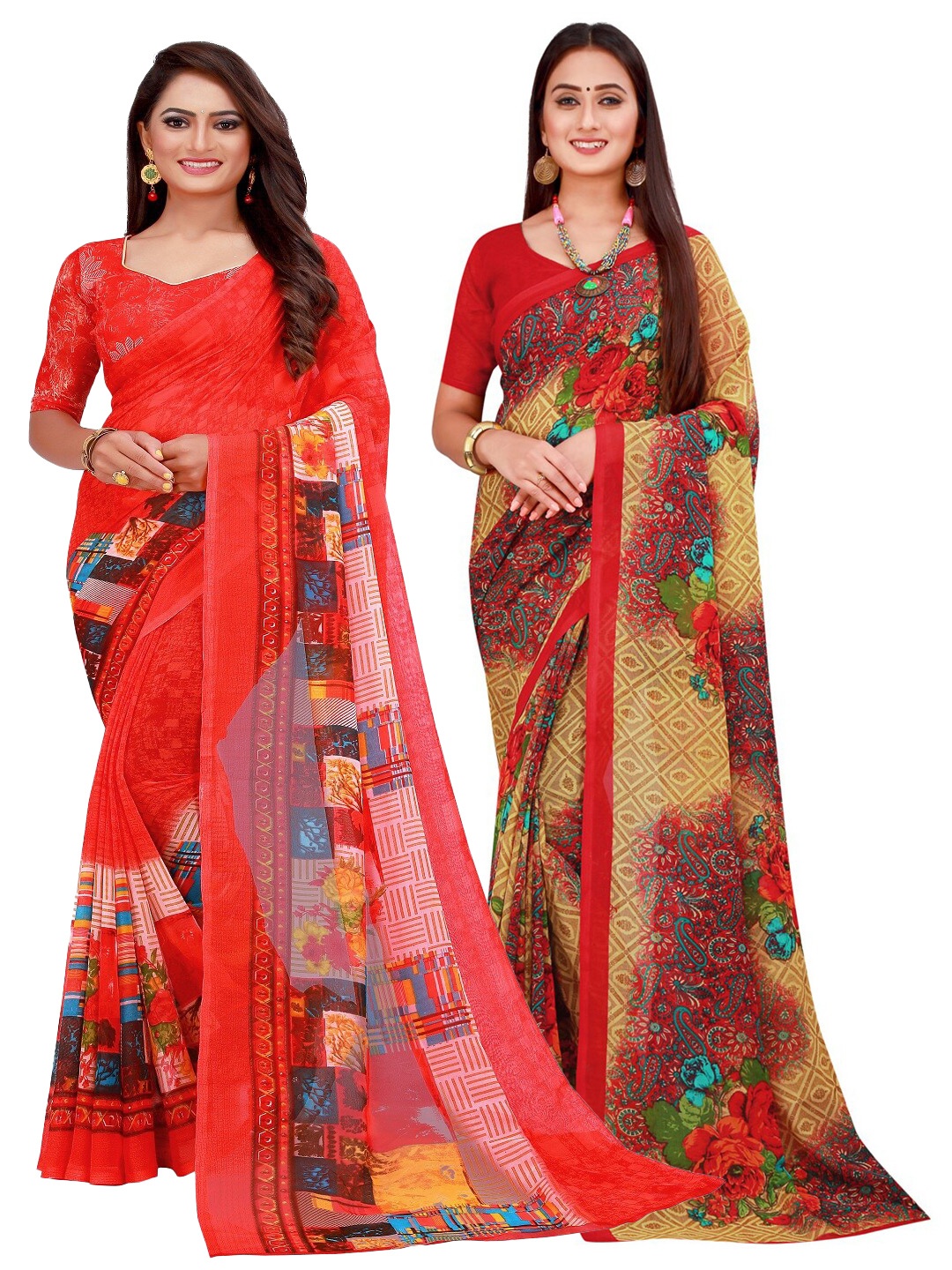 

Silk Bazar Red & Beige Floral Pure Georgette Saree