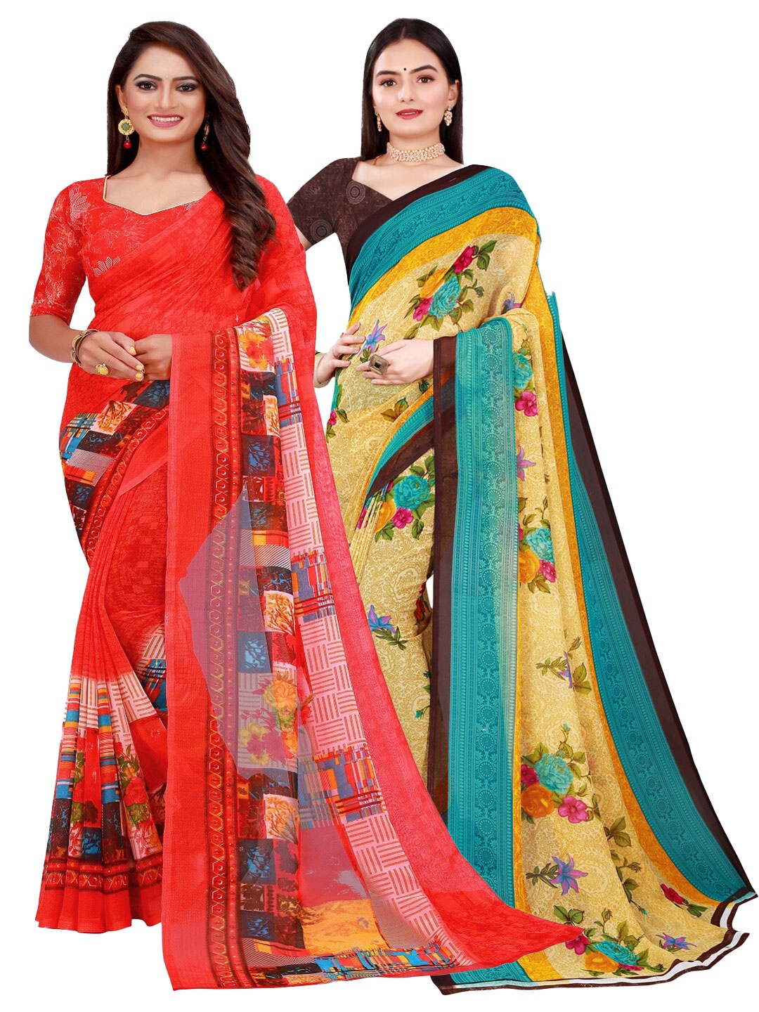 

Silk Bazar Mustard & Red Floral Pure Georgette Saree