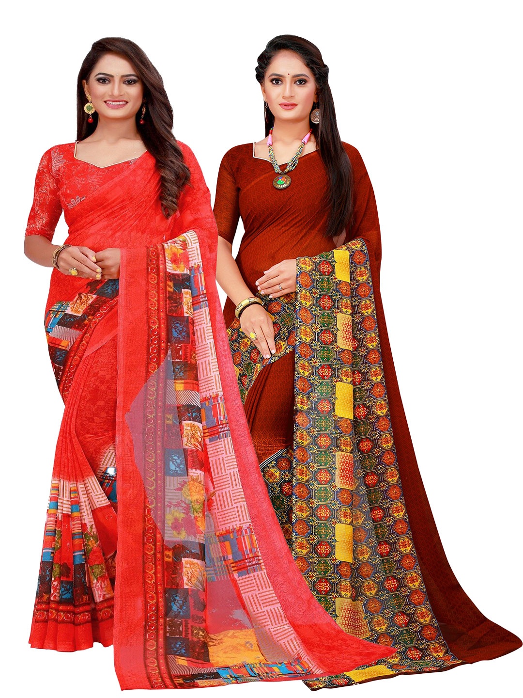

Silk Bazar Red & Brown Pure Georgette Saree
