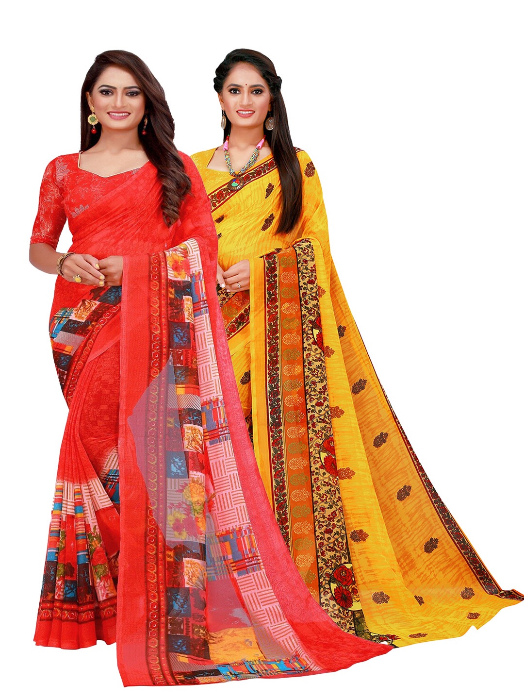 

Silk Bazar Red & Yellow Pure Georgette Saree