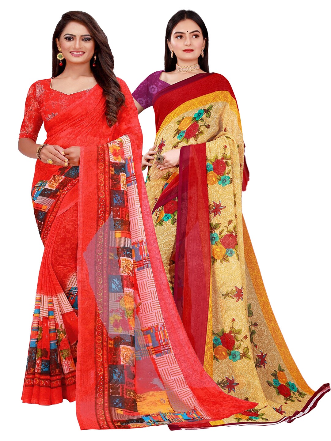 

Silk Bazar Red & Mustard Floral Pure Georgette Saree