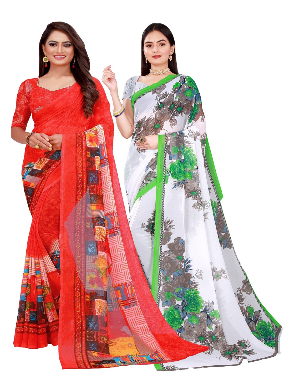 Silk Bazar White & Red Floral Pure Georgette Saree