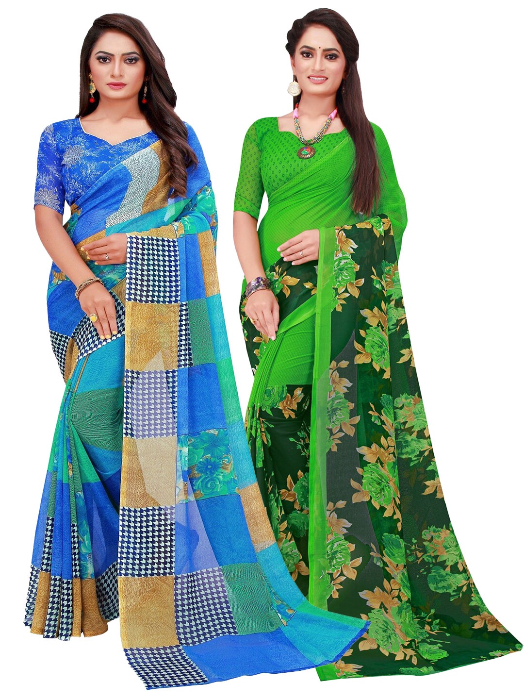 

Silk Bazar Blue & Green Floral Pure Georgette Saree