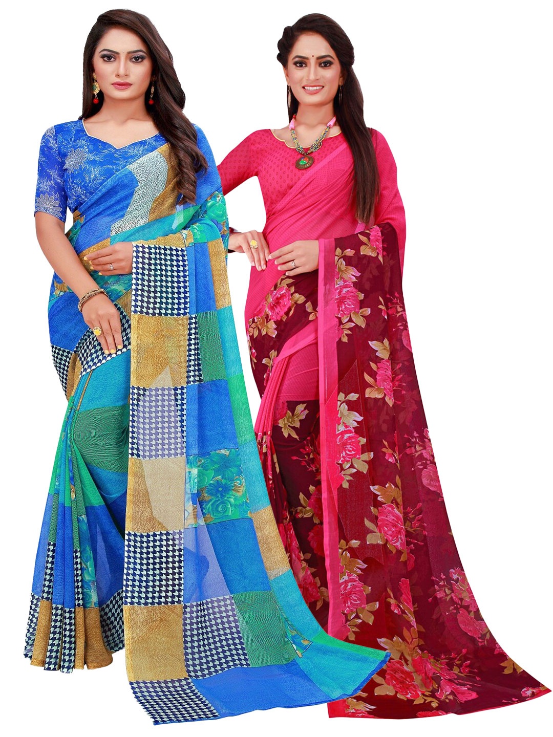

Silk Bazar Blue & Pink Floral Pure Georgette Saree