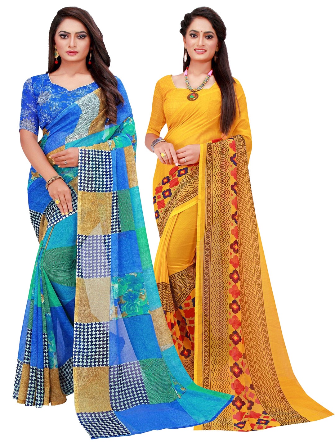 

Silk Bazar Blue & Yellow Floral Pure Georgette Saree