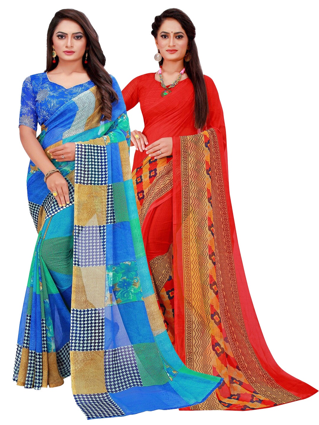 

Silk Bazar Red & Blue Floral Pure Georgette Saree