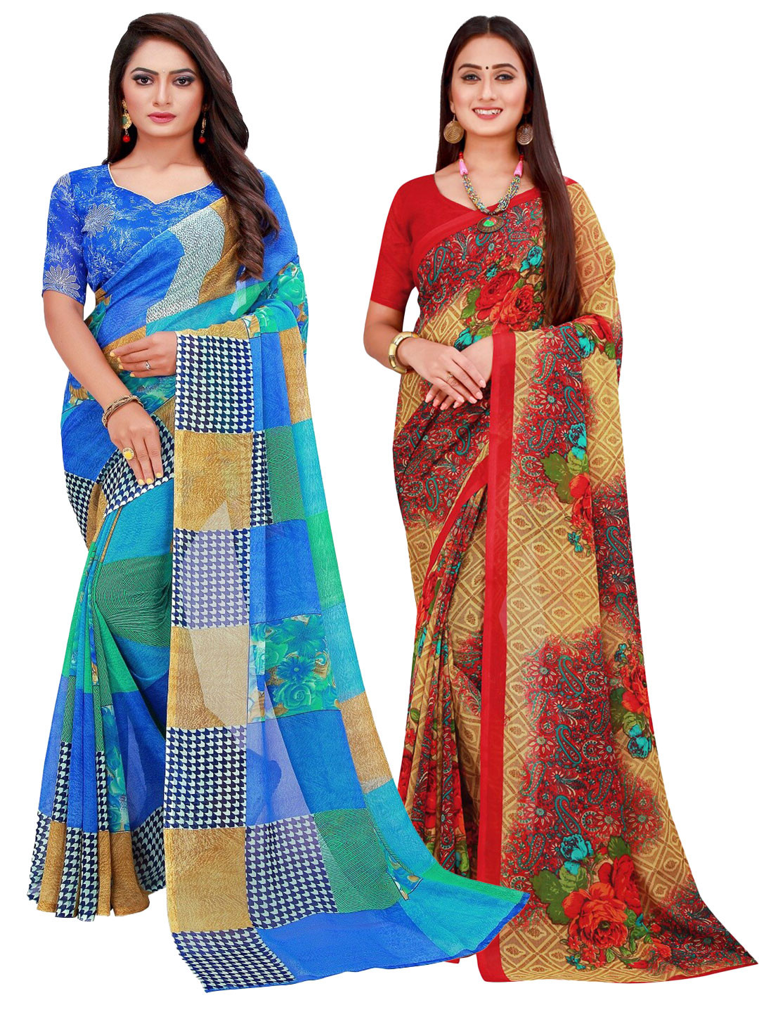 

Silk Bazar Blue & Red Floral Pure Georgette Saree