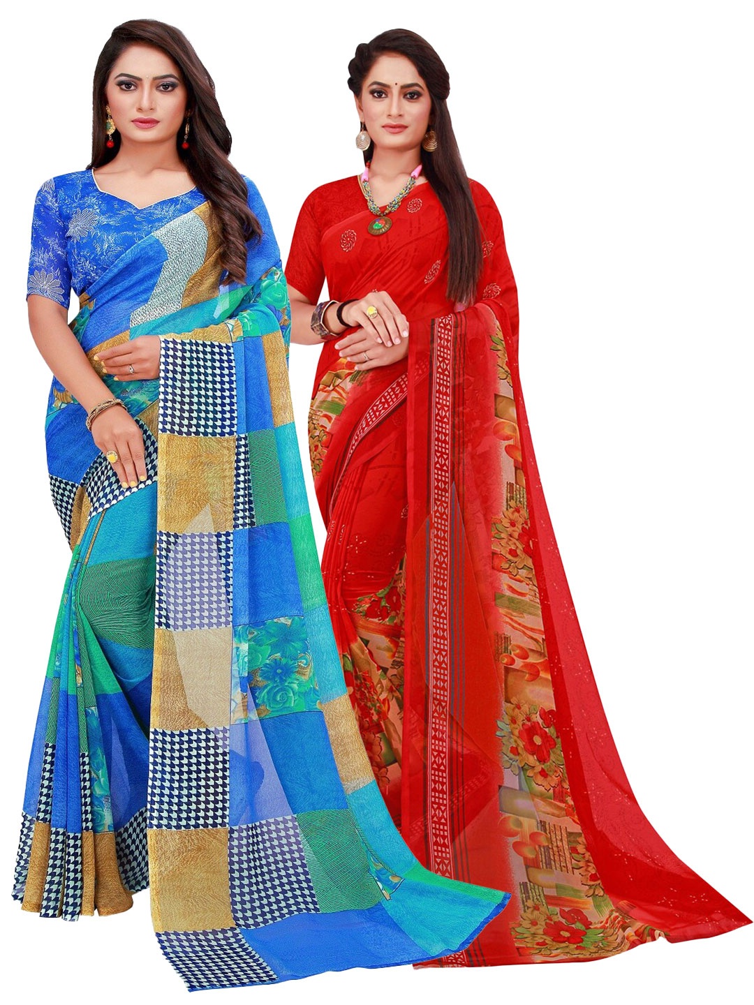 Silk Bazar Red & Blue Floral Pure Georgette Saree