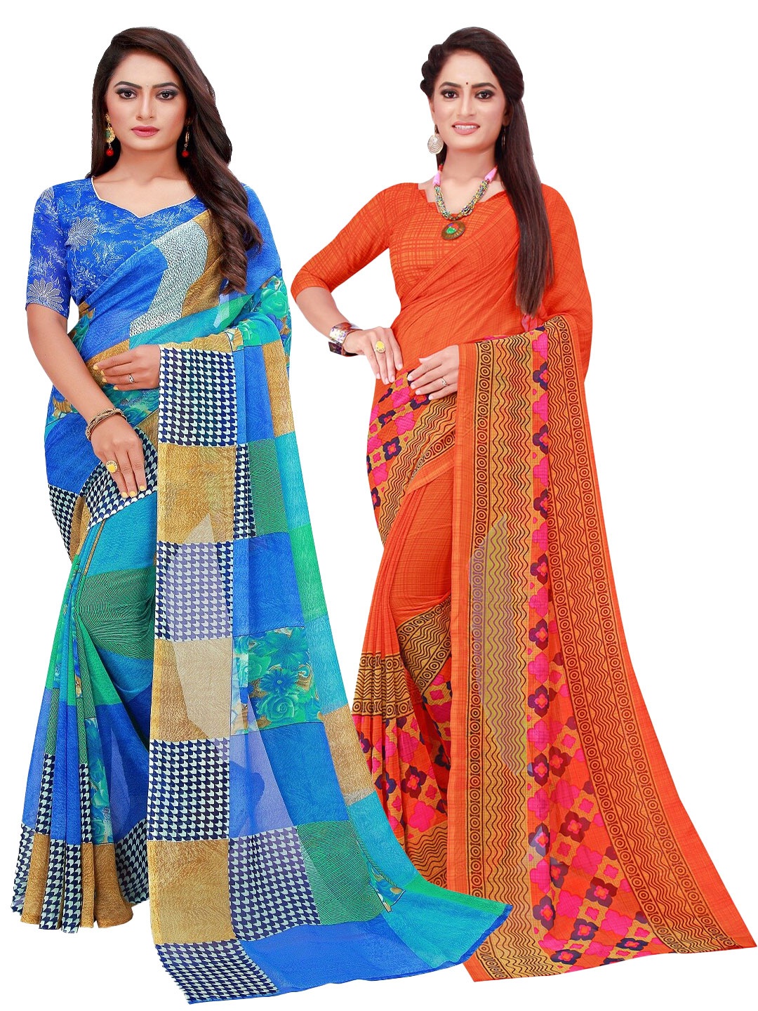 

Silk Bazar Orange & Blue Floral Pure Georgette Saree