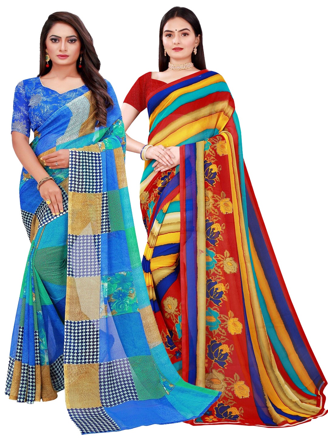 

Silk Bazar Red & Blue Floral Pure Georgette Saree