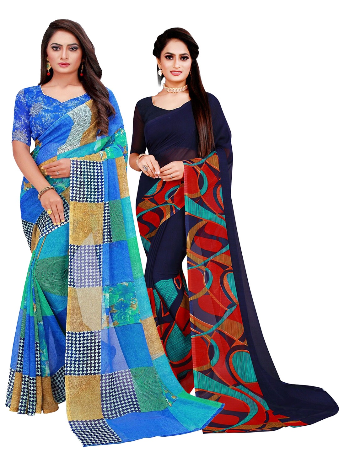 

Silk Bazar Navy Blue & Red Pure Georgette Saree