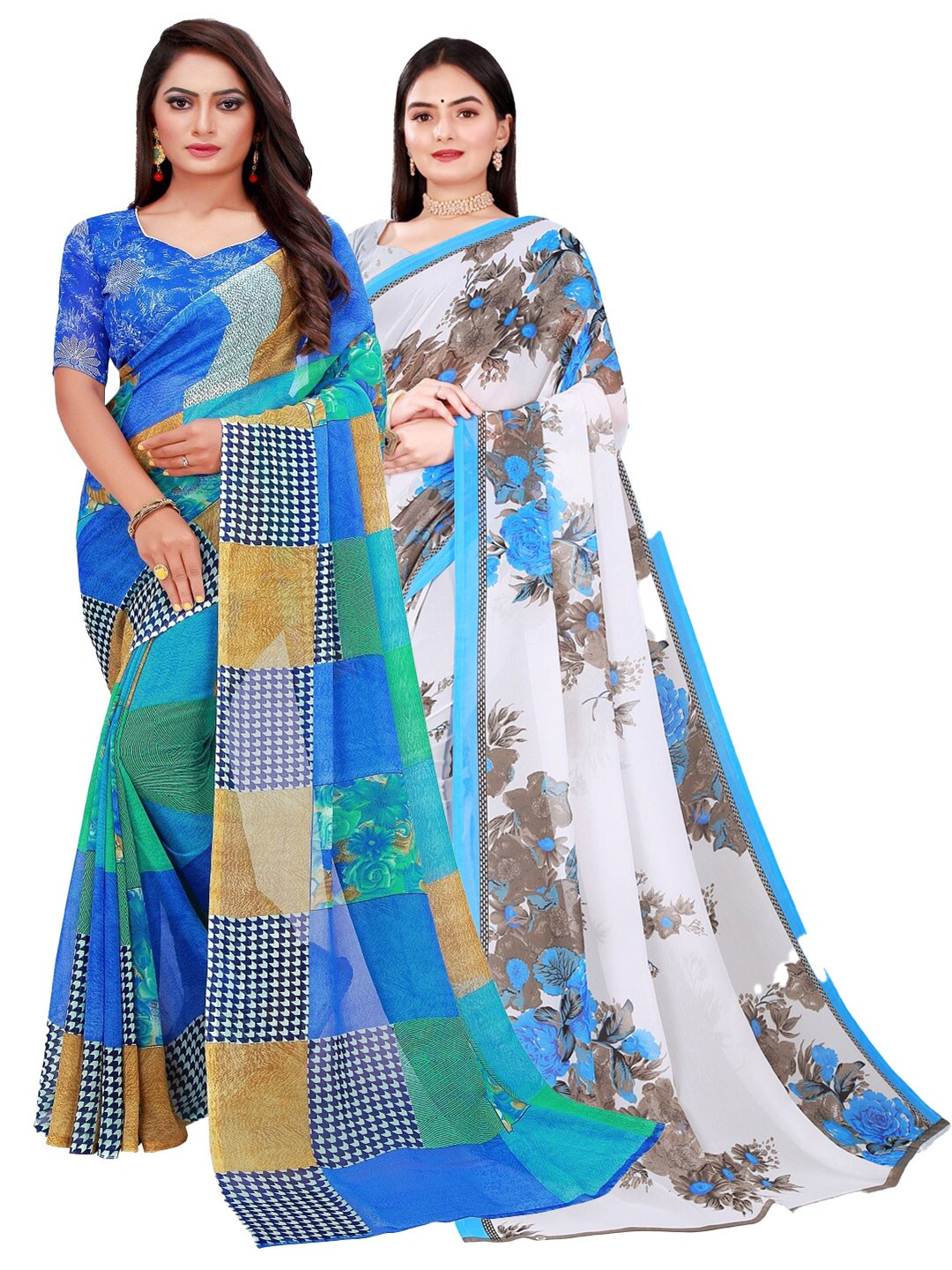 

Silk Bazar White & Blue Floral Pure Georgette Saree