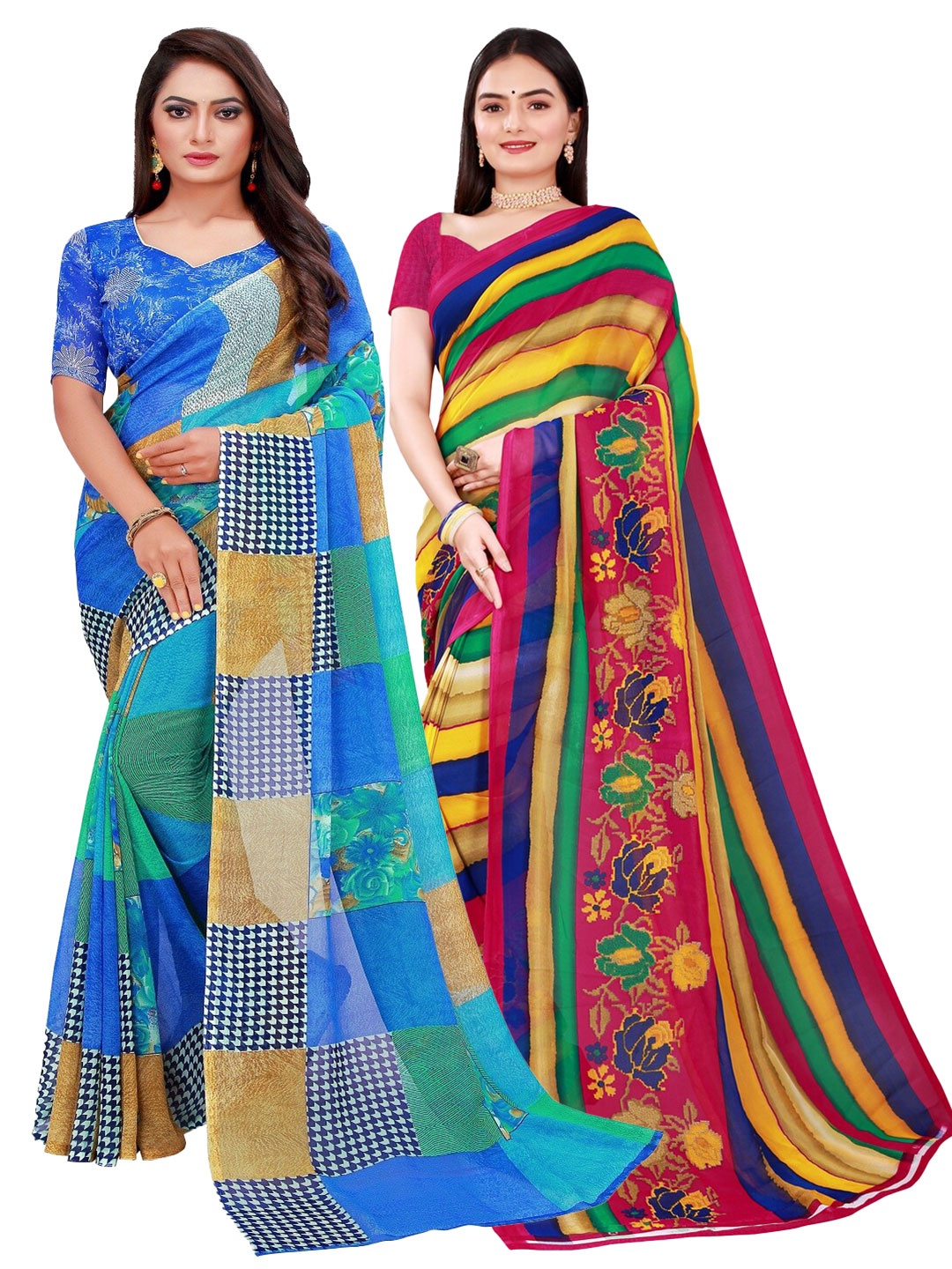Silk Bazar Pink & Blue Floral Pure Georgette Saree