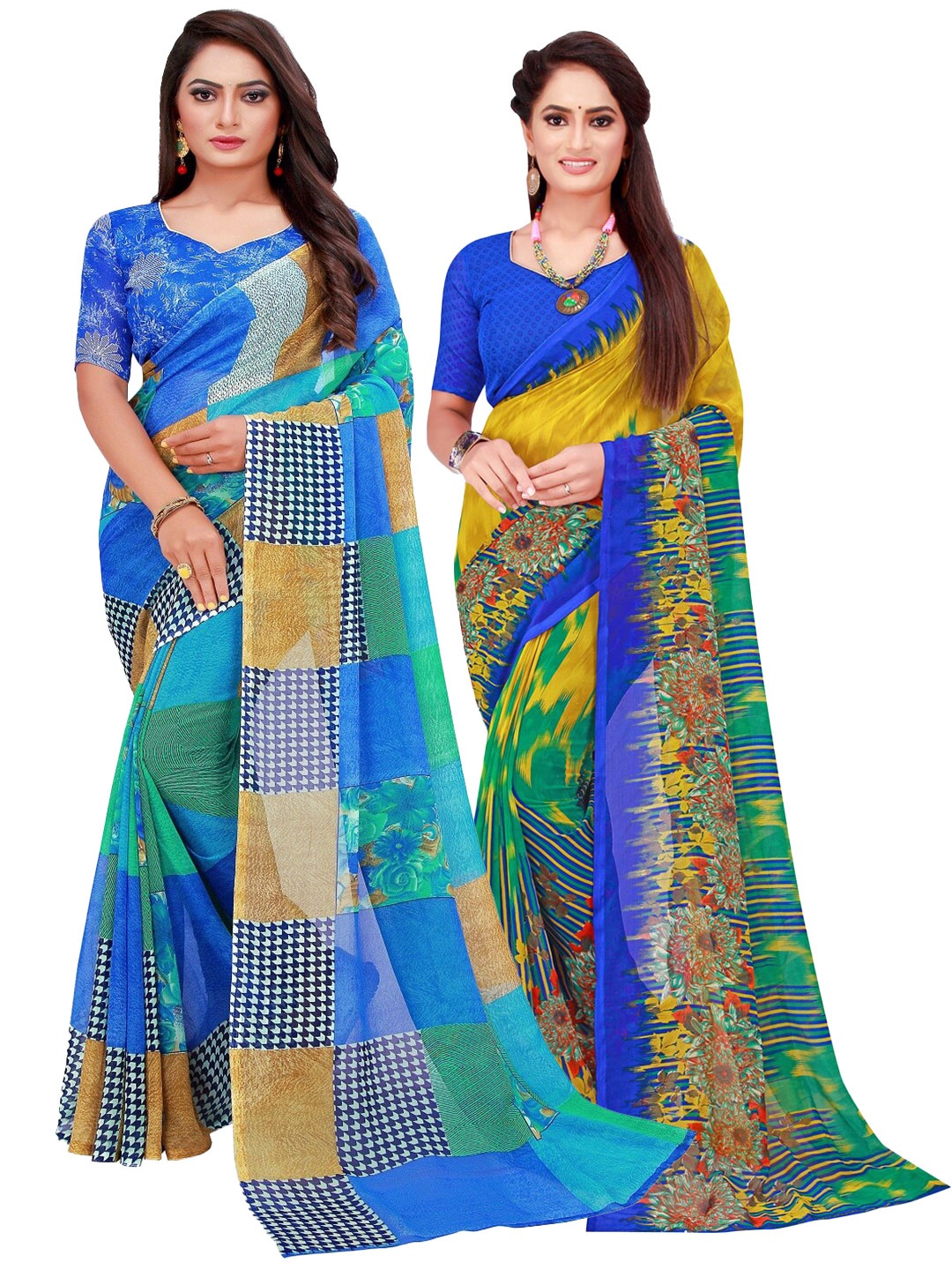 

Silk Bazar Blue & Yellow Floral Pure Georgette Saree