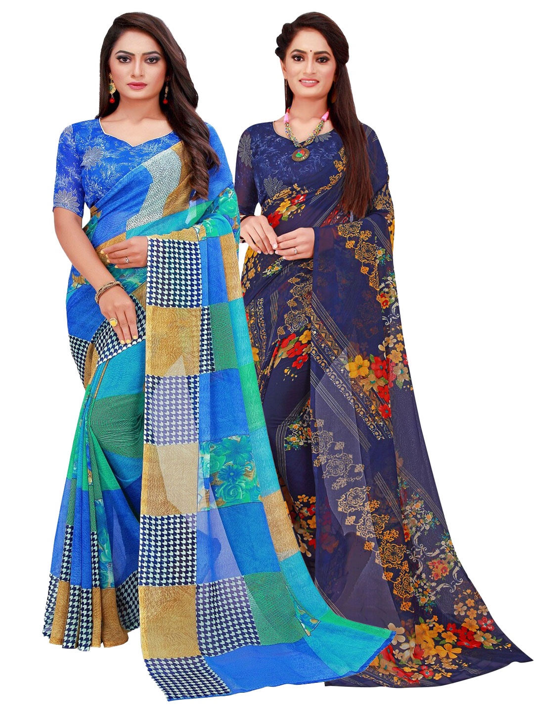 Silk Bazar Blue & Navy Blue Floral Pure Georgette Saree