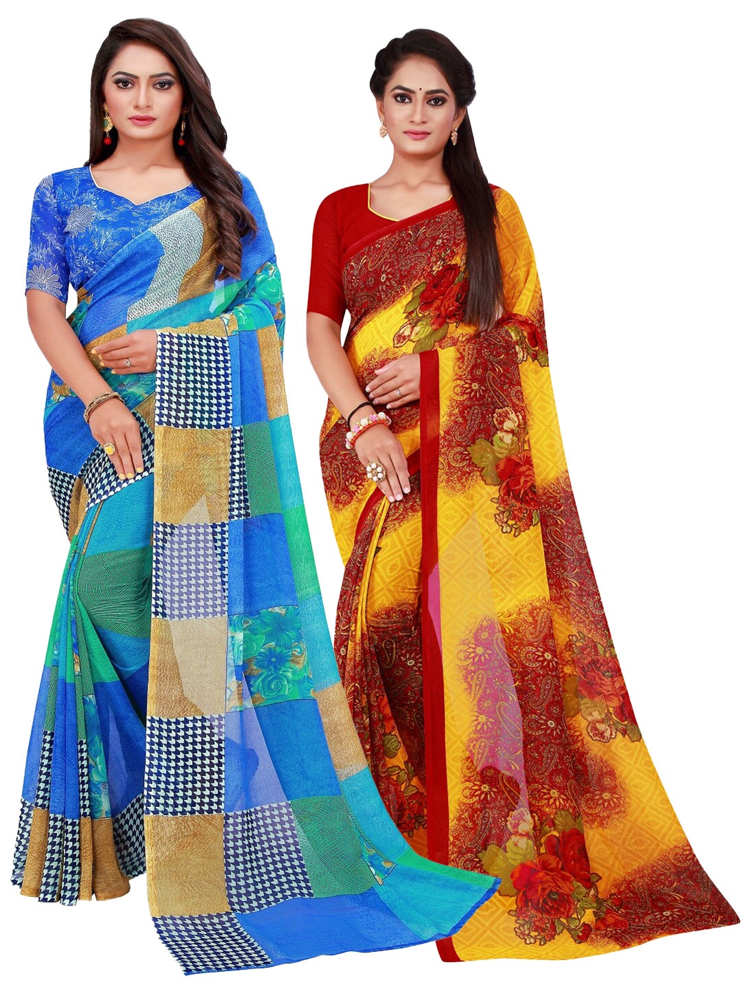 

Silk Bazar Maroon & Blue Floral Pure Georgette Saree
