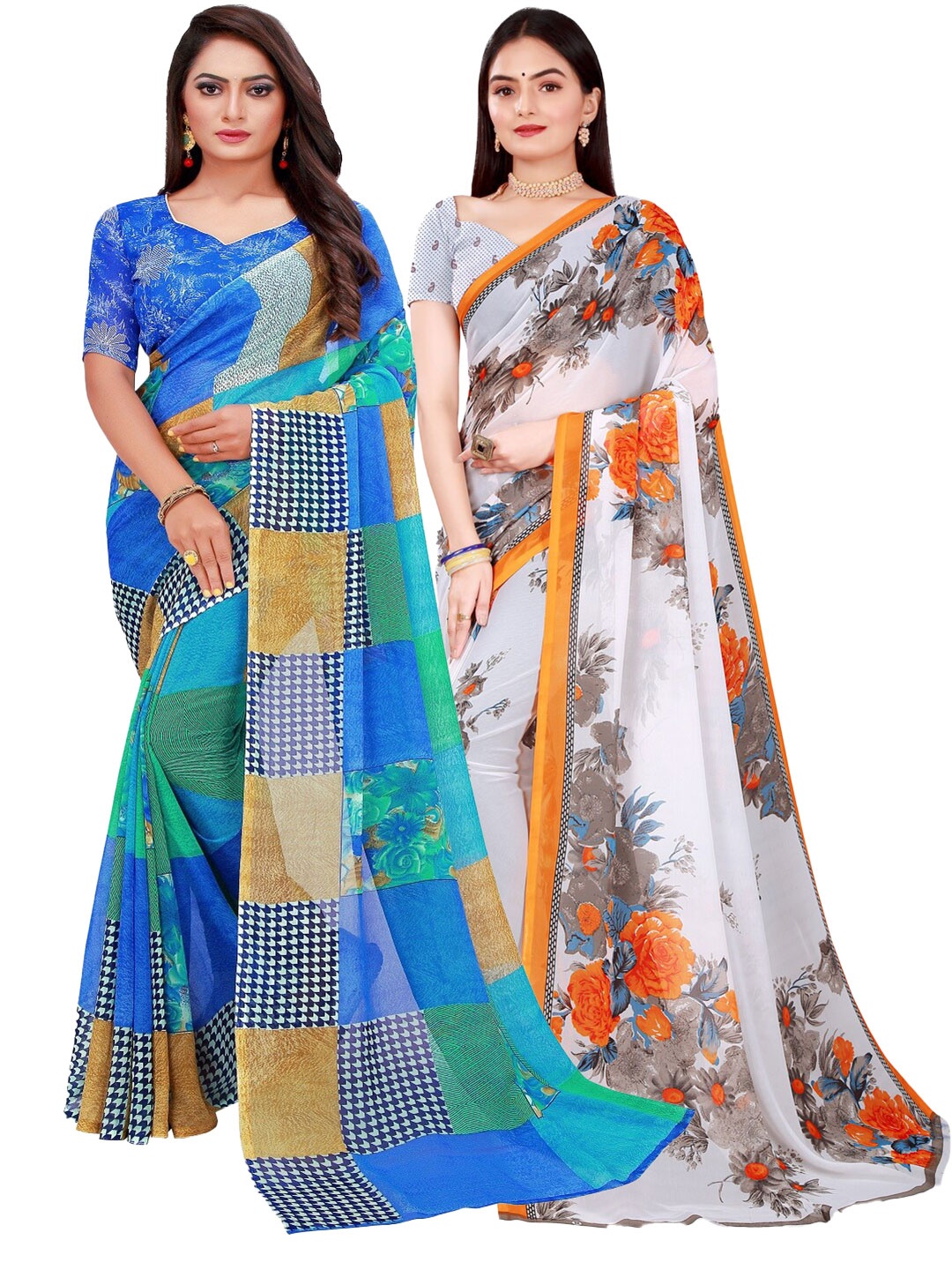 

Silk Bazar White & Blue Floral Pure Georgette Saree