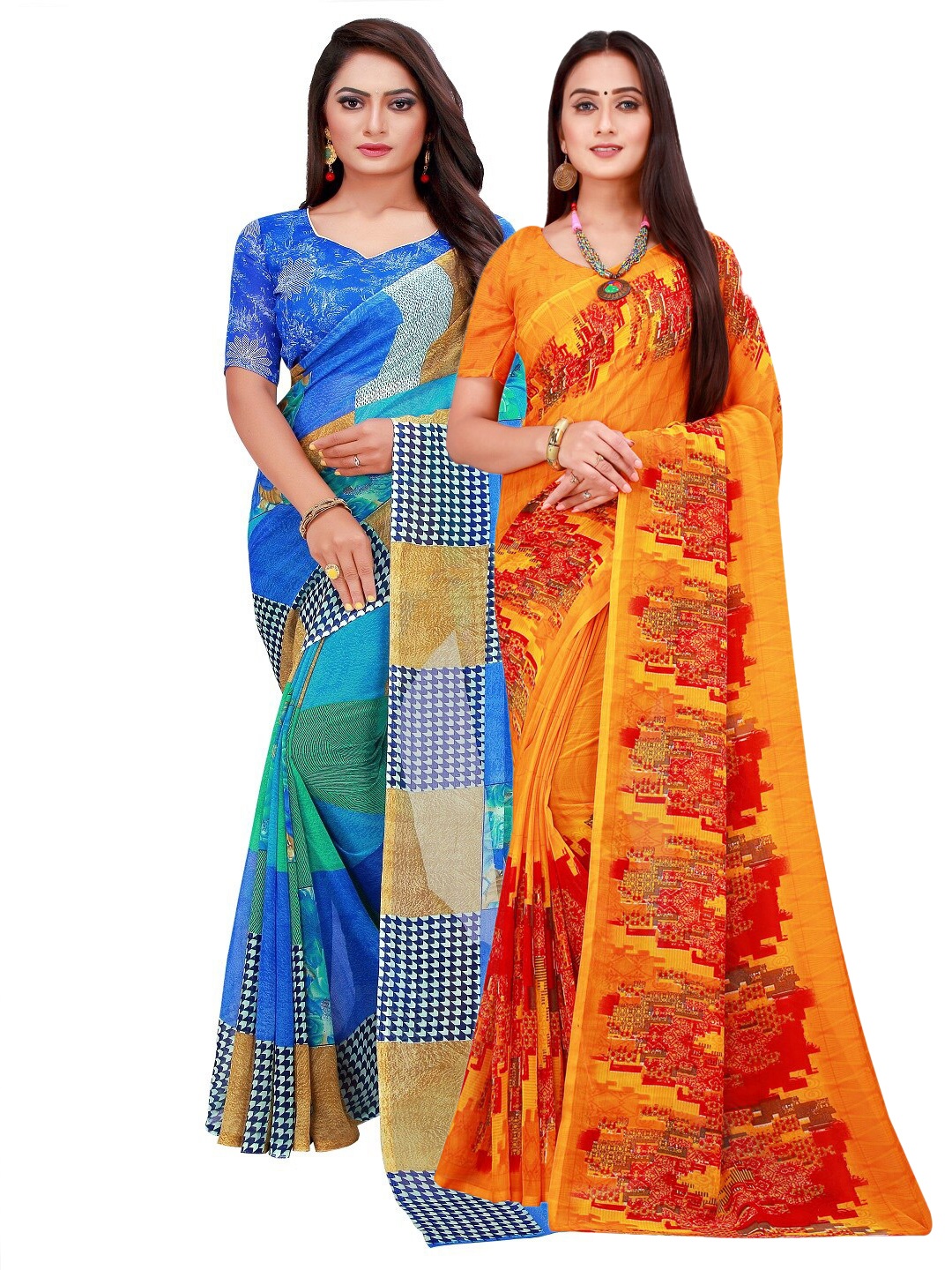 

Silk Bazar Orange & Blue Pure Georgette Saree