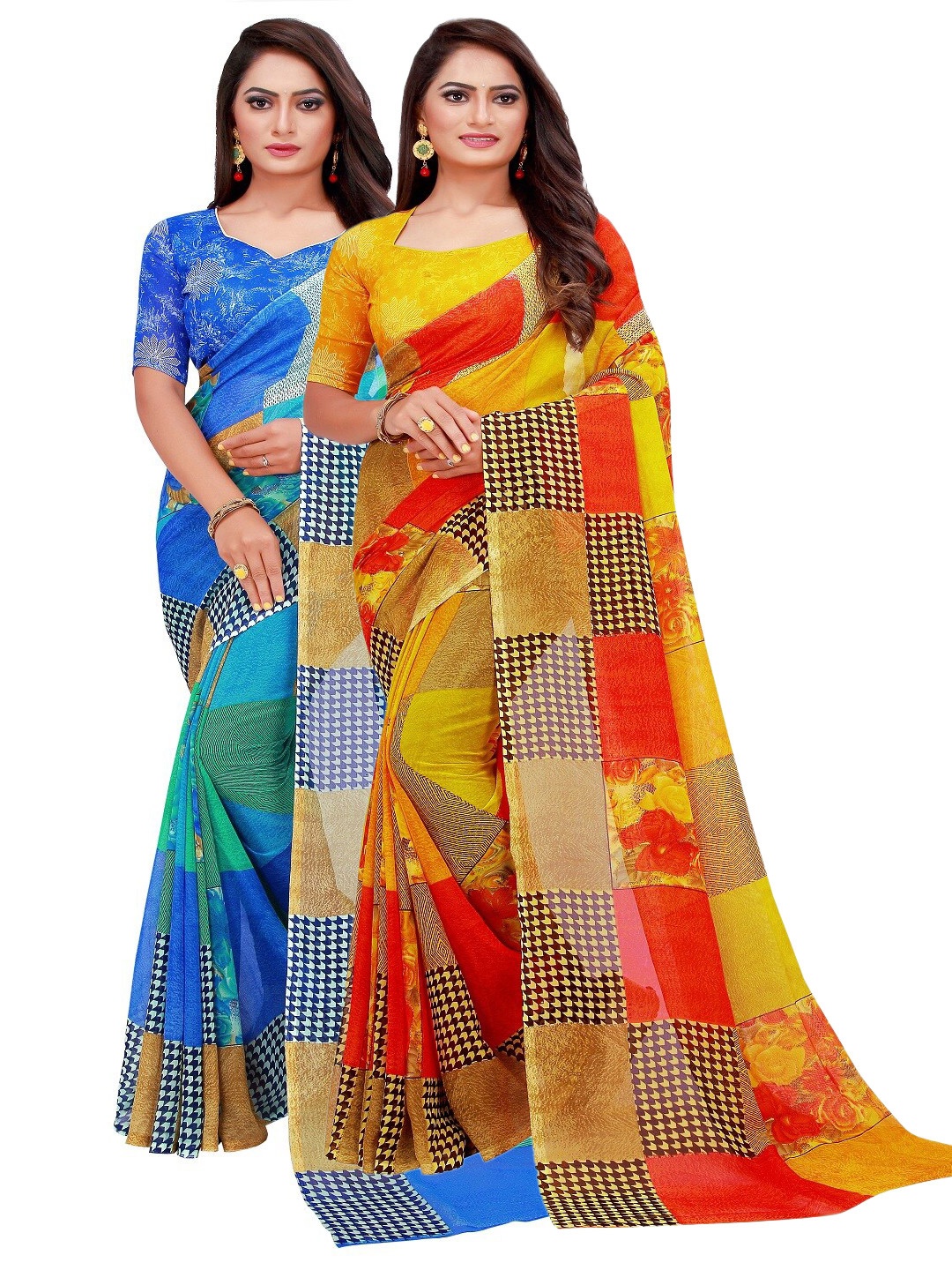 

Silk Bazar Blue & Yellow Floral Pure Georgette Saree