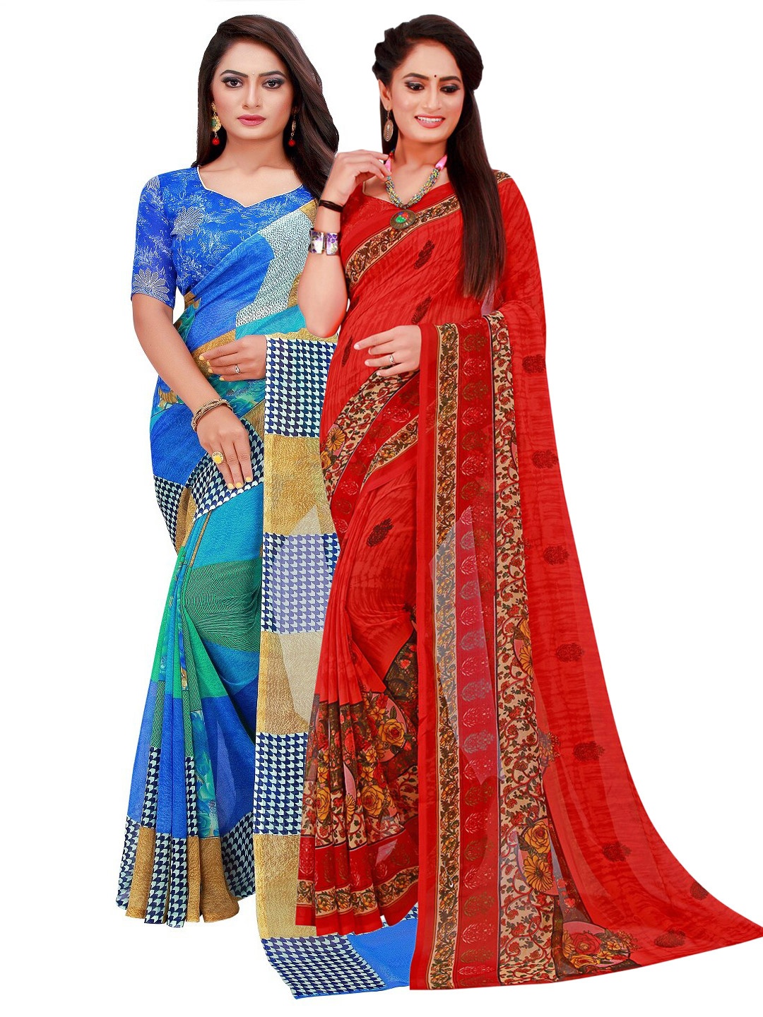 

Silk Bazar Blue & Red Floral Pure Georgette Saree