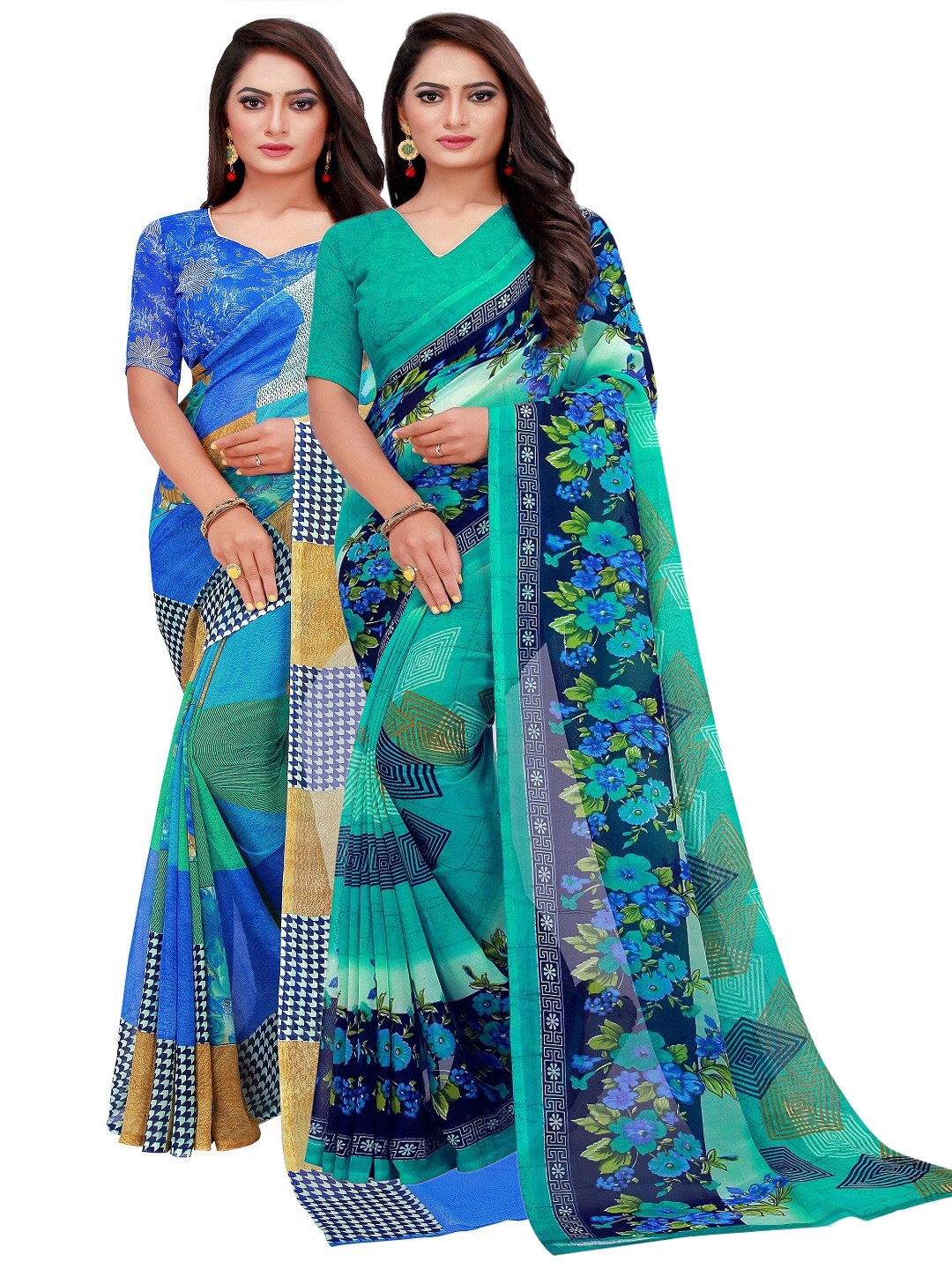 

Silk Bazar Blue & Green Floral Pure Georgette Saree