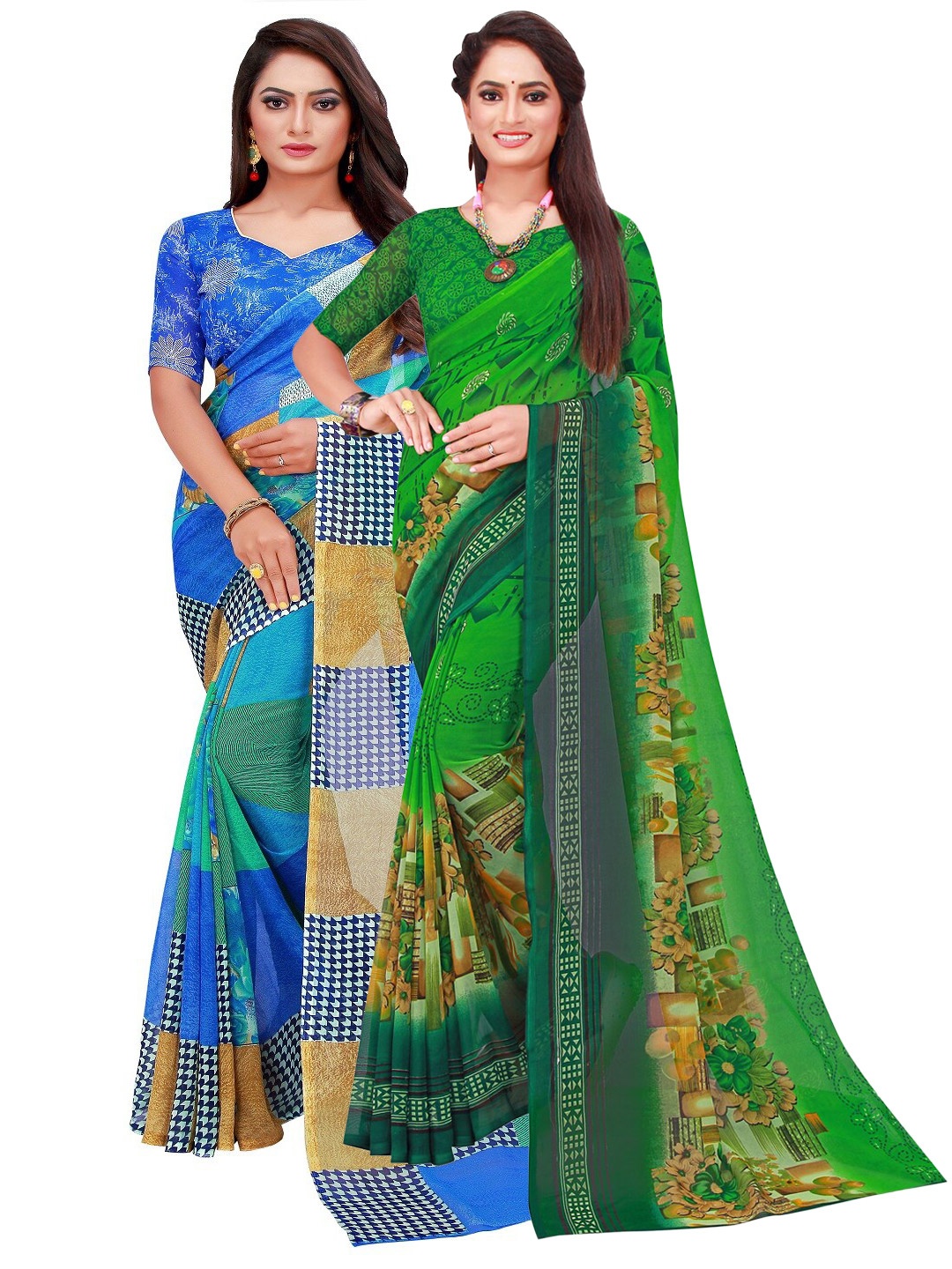 

Silk Bazar Blue & Sea Green Floral Pure Georgette Saree