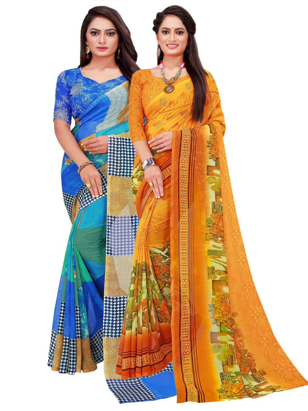 Silk Bazar Blue & Yellow Floral Pure Georgette Saree