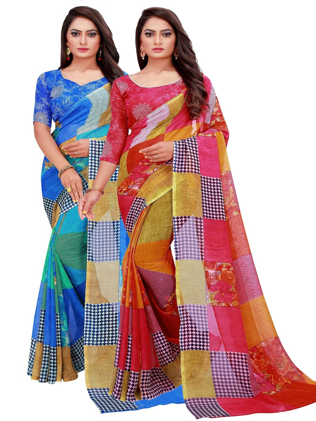

Silk Bazar Red & Blue Floral Pure Georgette Saree