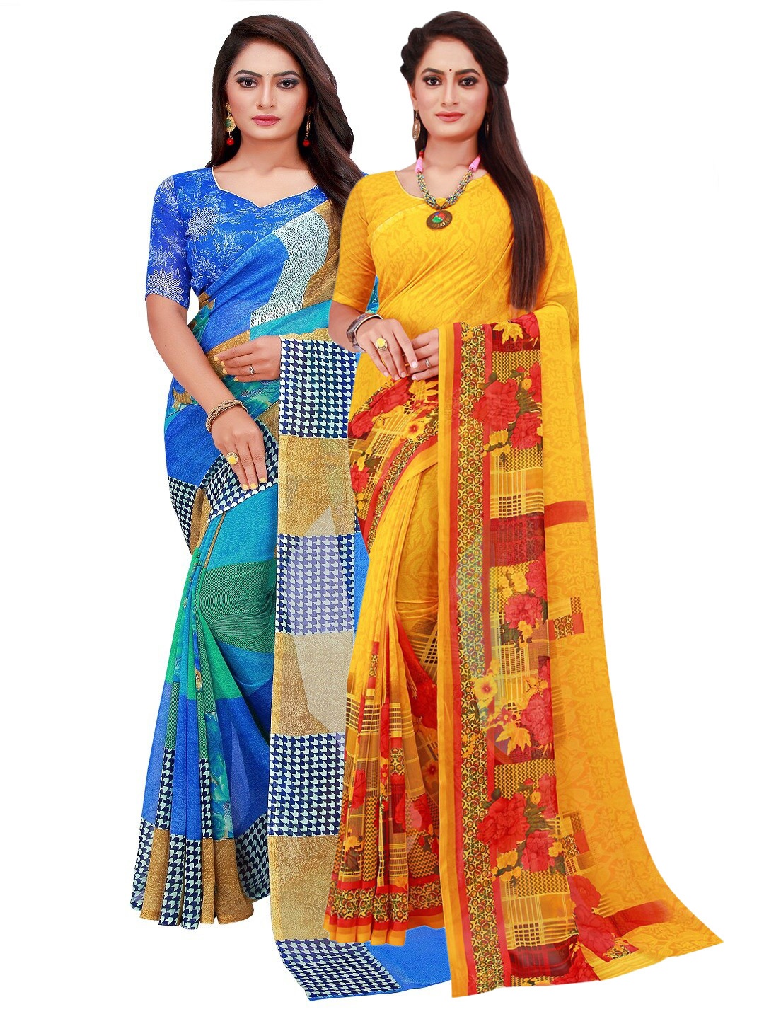 

Silk Bazar Yellow & Blue Floral Pure Georgette Saree