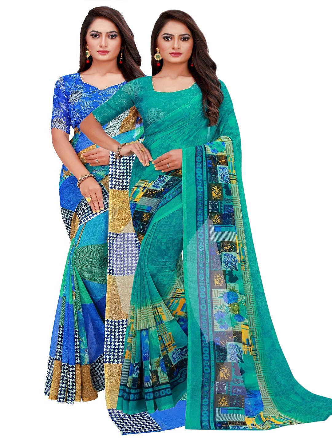

Silk Bazar Teal & Blue Pure Georgette Saree