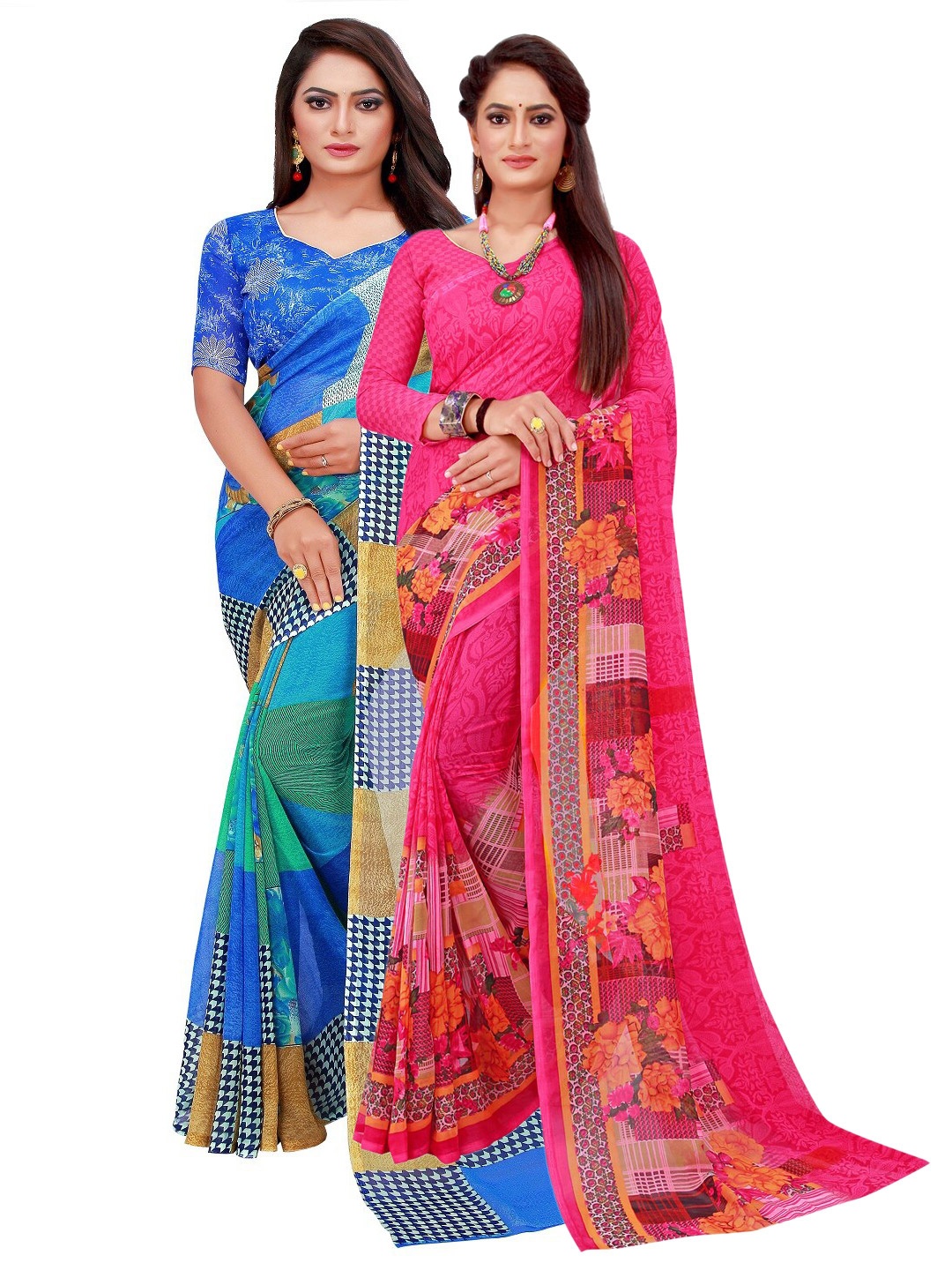 

Silk Bazar Pink & Blue Pure Georgette Saree