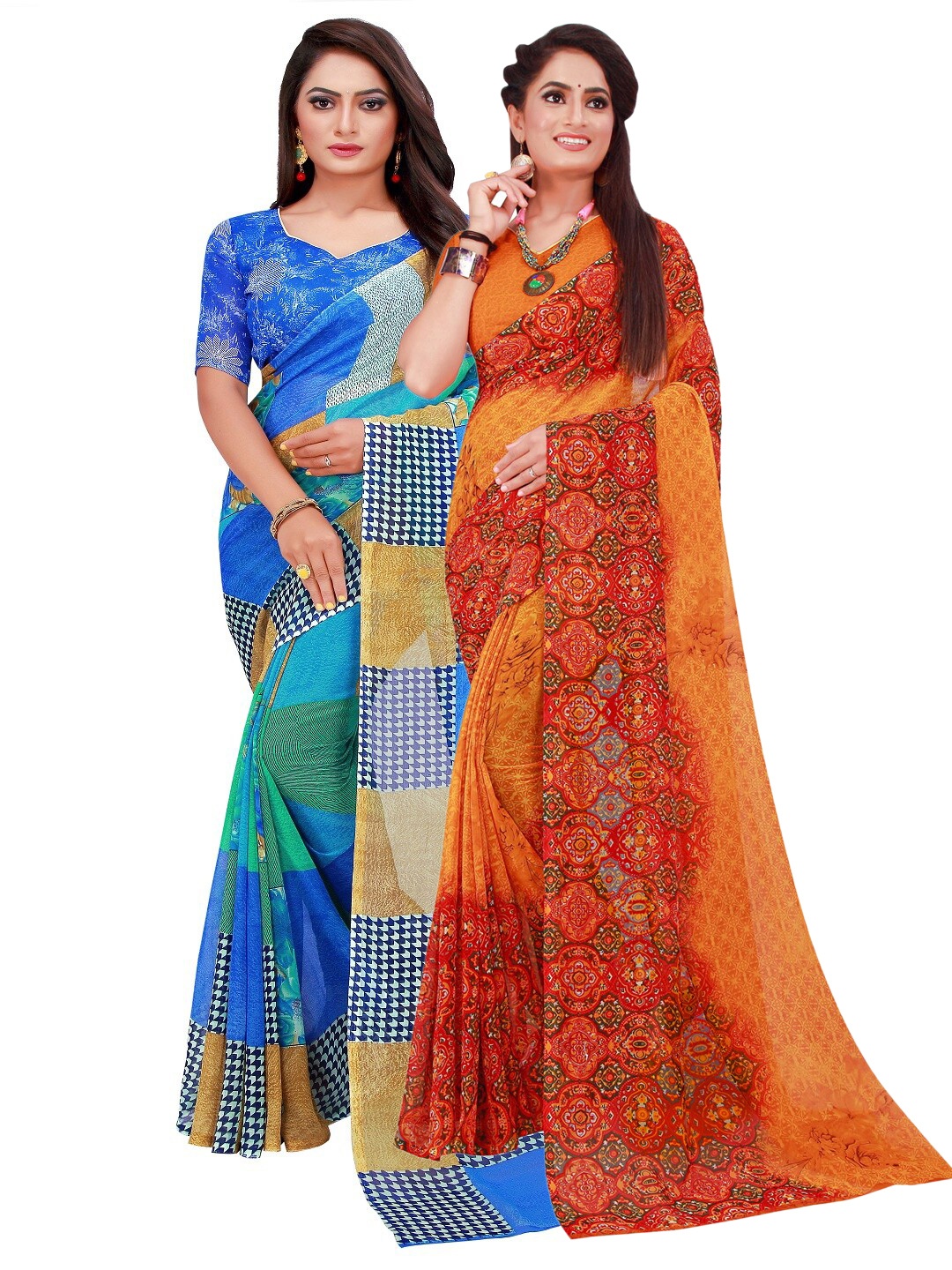 

Silk Bazar Orange & Blue Ethnic Motifs Pure Georgette Saree