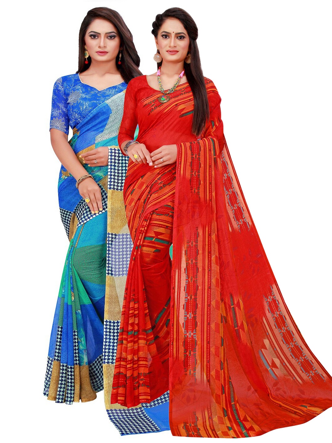 

Silk Bazar Blue & Red Pure Georgette Saree