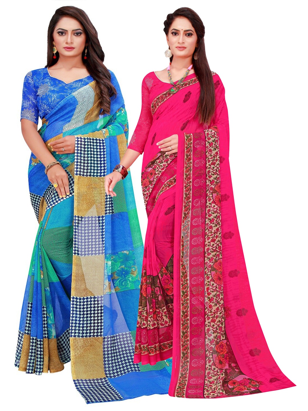 

Silk Bazar Blue & Magenta Floral Pure Georgette Saree
