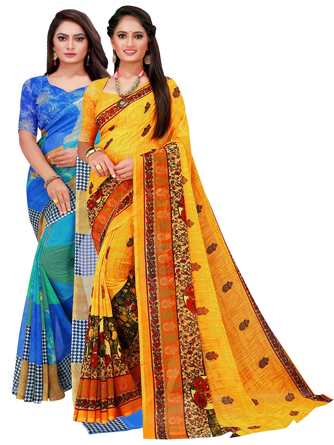 Silk Bazar Blue & Yellow Floral Pure Georgette Saree