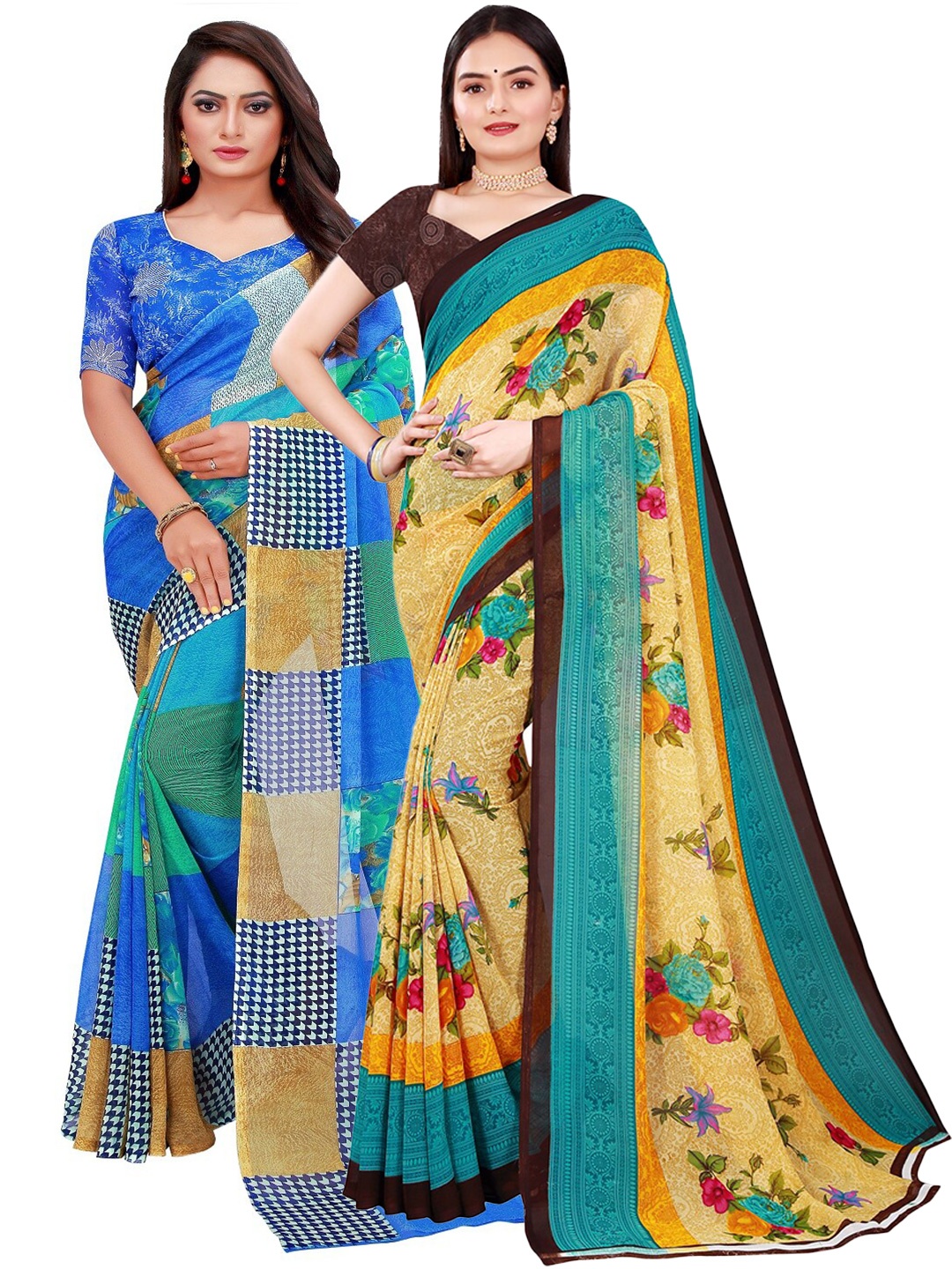 

Silk Bazar Yellow & Blue Floral Pure Georgette Saree