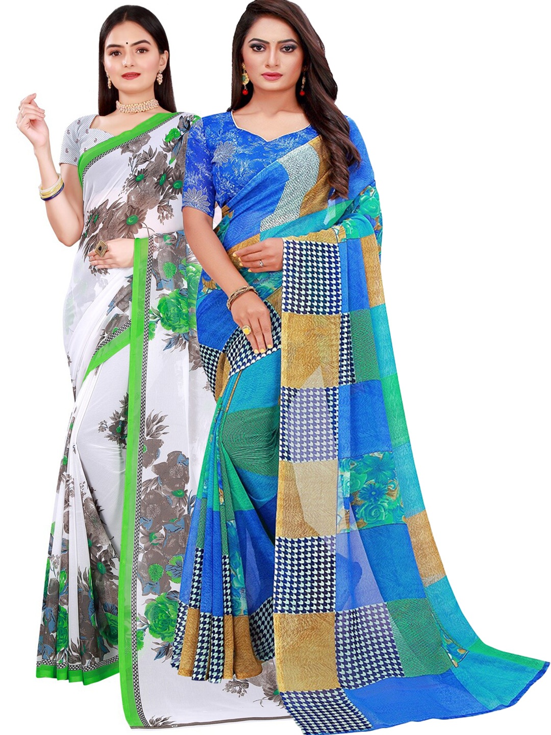 

Silk Bazar White & Blue Floral Pure Georgette Saree