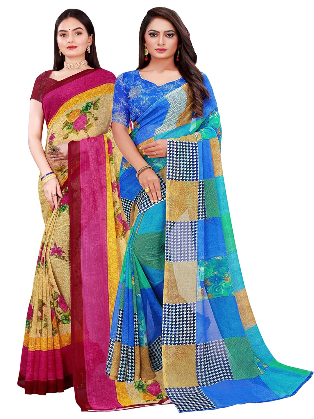

Silk Bazar Beige & Blue Floral Pure Georgette Saree